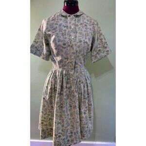 Vintage  1950s Junior Vogues Floral Acorn Print Green Dress Small